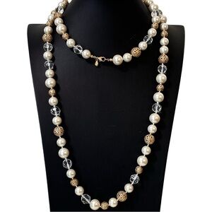 Art Deco inspired faux pearl, acrylic, gold metal filigree necklace long